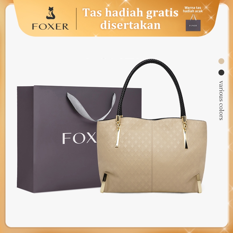 FOXER Tote Bag Wanita Kulit Asli Tas Bahu Kerja Besar Handbag Besar Tas Bahu
