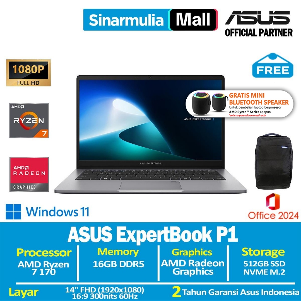 ASUS ExpertBook P1 PM1403CDA Ryzen 7 170 512GB SSD 16GB FHD Win11+OHS