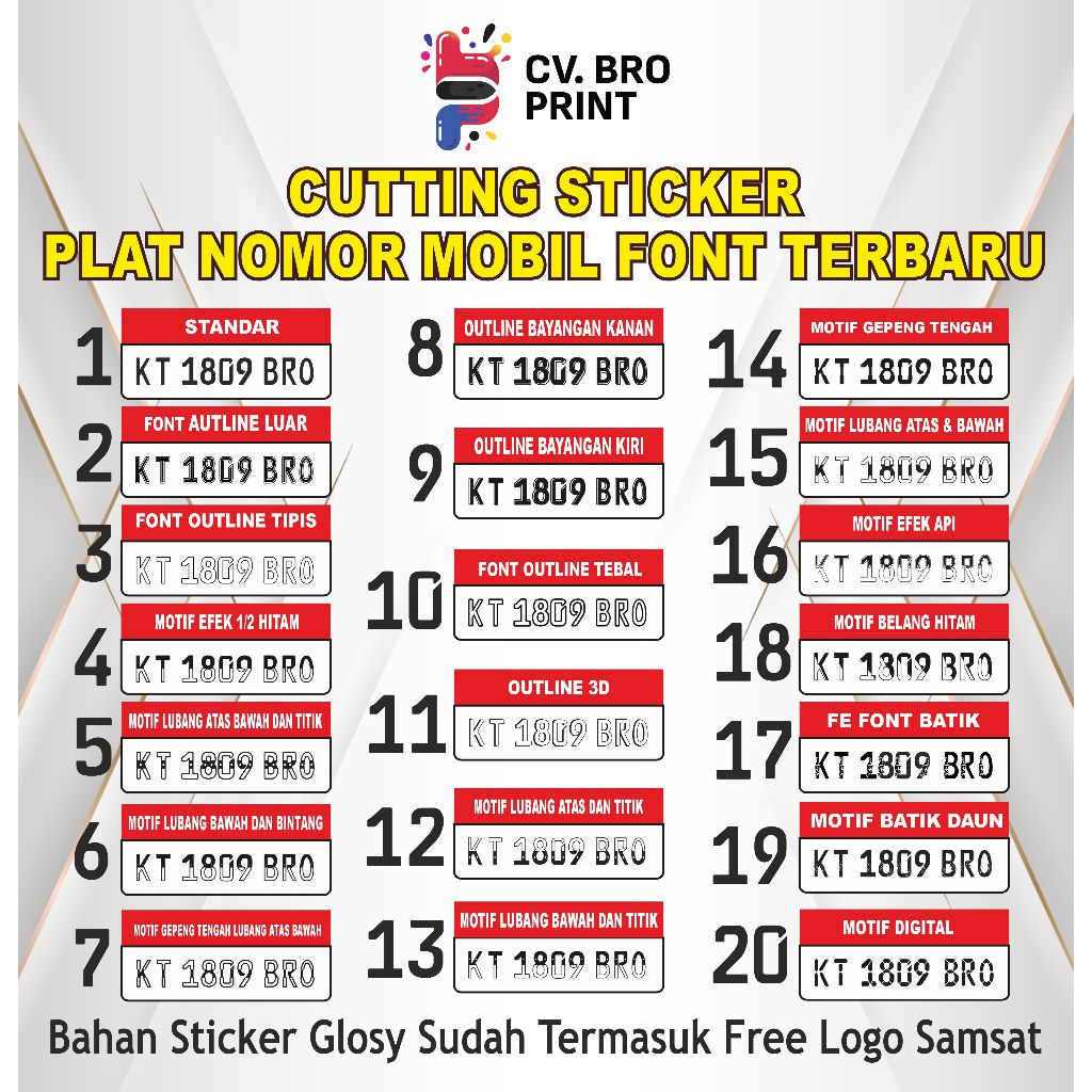 Stiker Plat Nomor Mobil Font Terbaru | Sticker Plat | Cutting Sticker I Plat Nomor