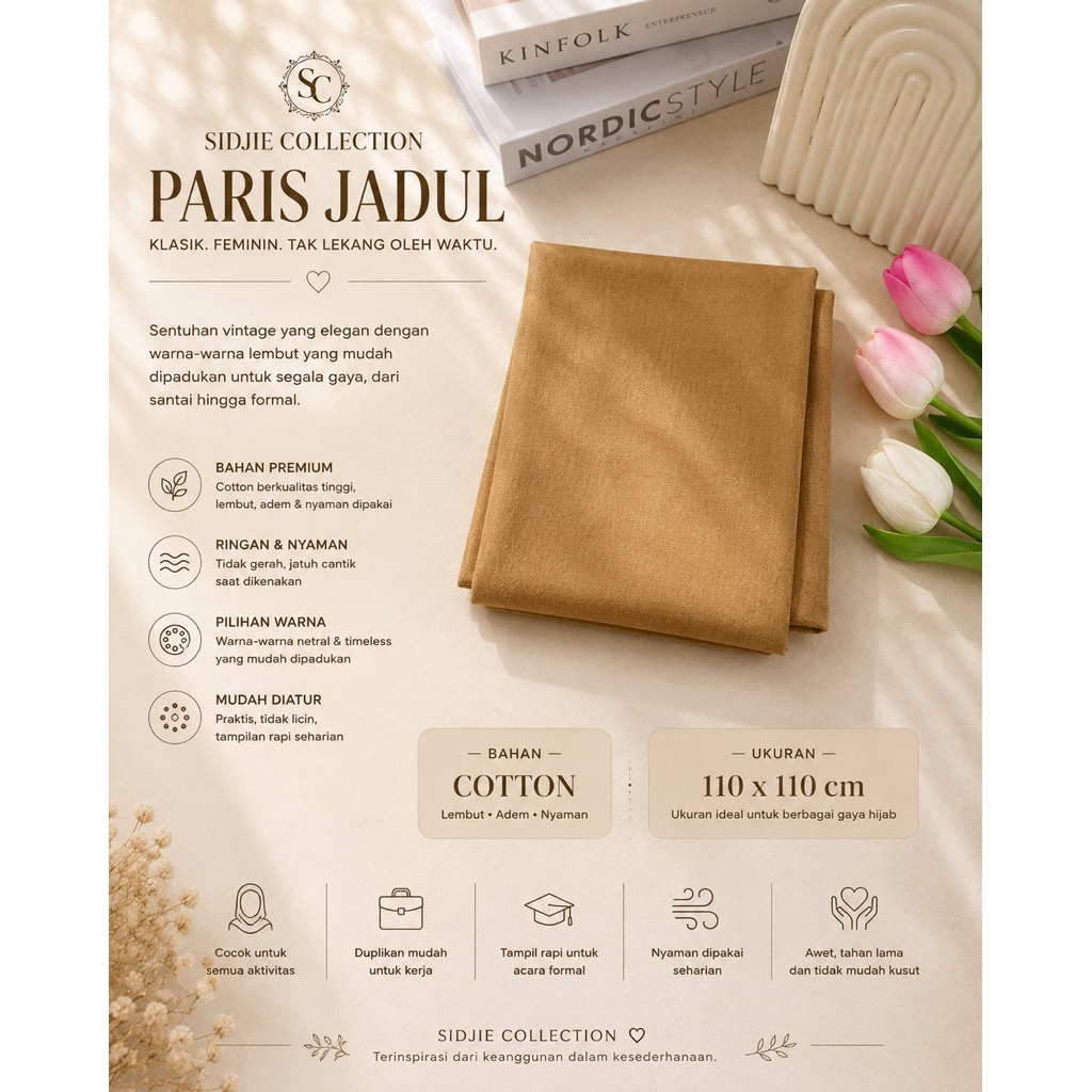 Kerudung Paris Jadul Premium Polos Segi Empat Coklat PNS Caramel Coklat