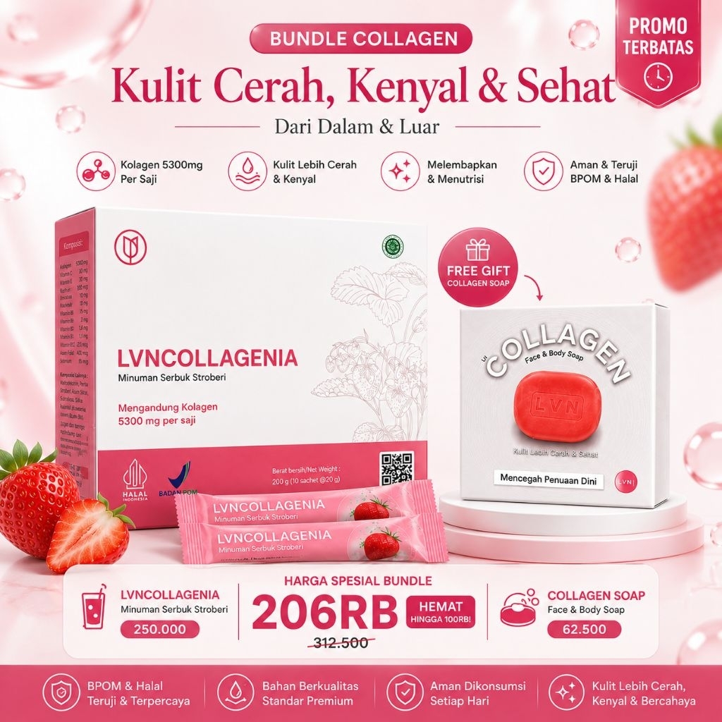 LVN Collagenia Minuman Serbuk Stroberi Original - Paket Bundle Minuman Kolagen 5300mg dan Sabun Coll