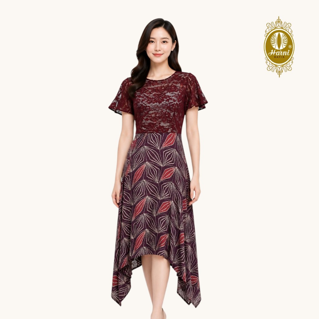 BATIK HARNI Dress Batik Wanita Brokat Kombinasi Batik