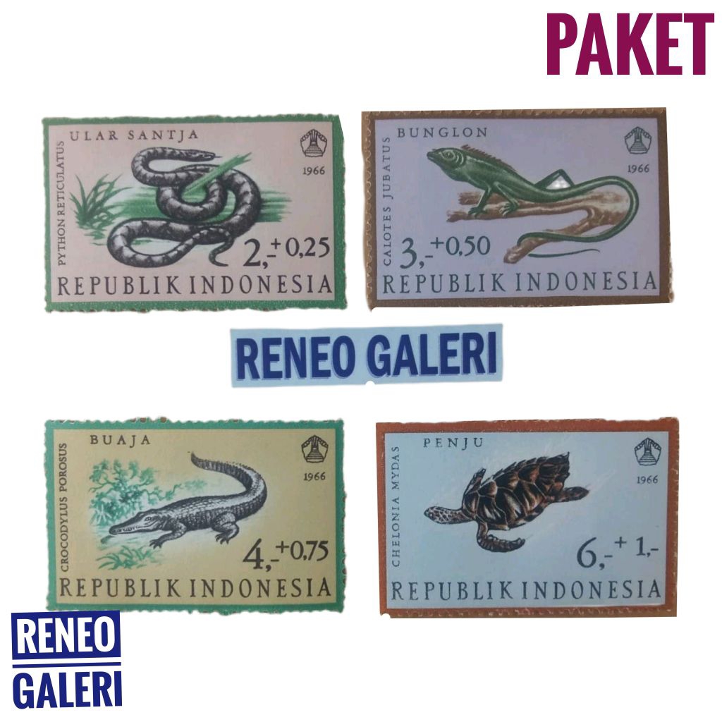 Paket 4 variasi prangko seri reptil tahun 1966 set lengkap perangko kuno lama Antik Indonesia asli o