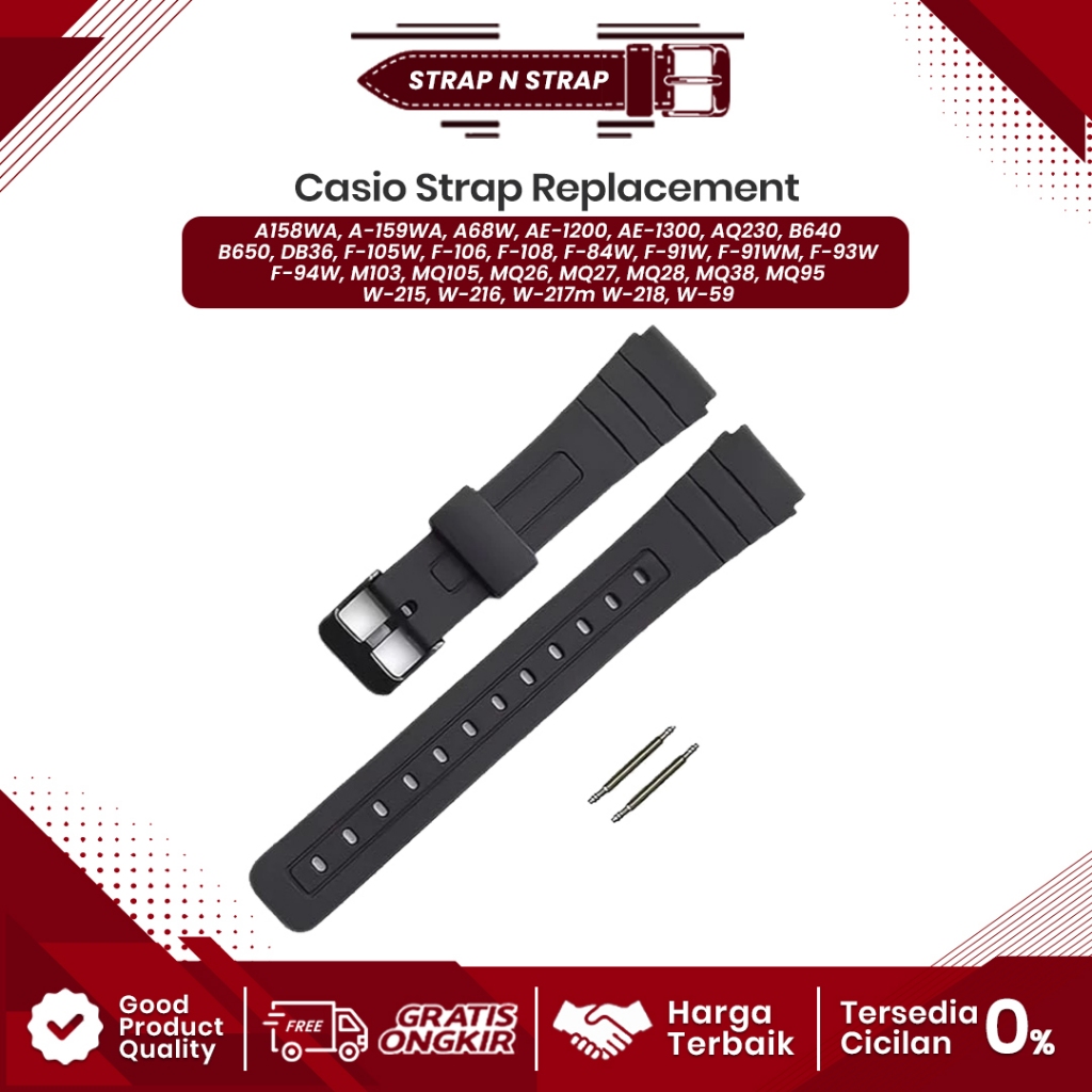 Tali Karet Rubber Strap Jam Tangan Casio A158WA A159WA A68W AE-1200 AE-1300 AQ230 B640 B650 DB36