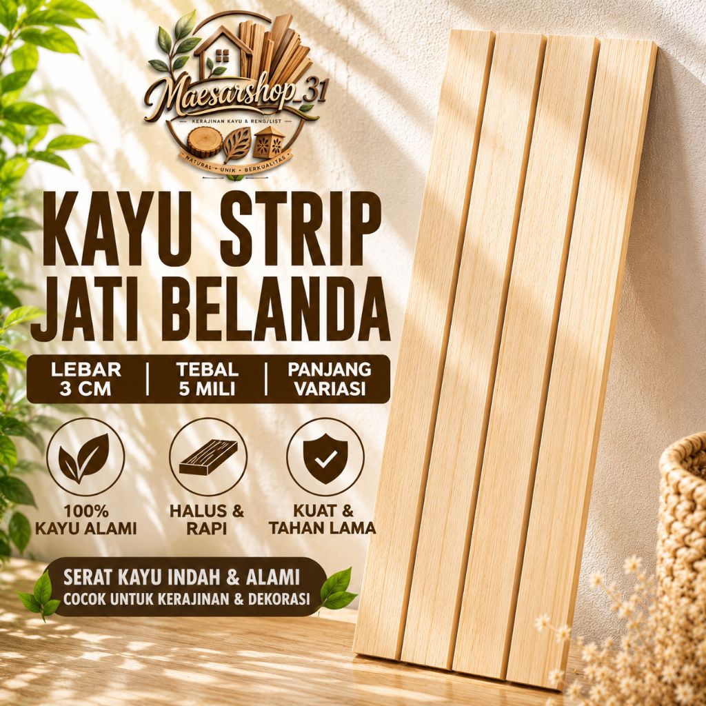 Kayu Strip Jati Belanda 3 CM Tebal 5 MM Panjang Variasi | Kayu List Jati Belanda | Kayu Kerajinan & 