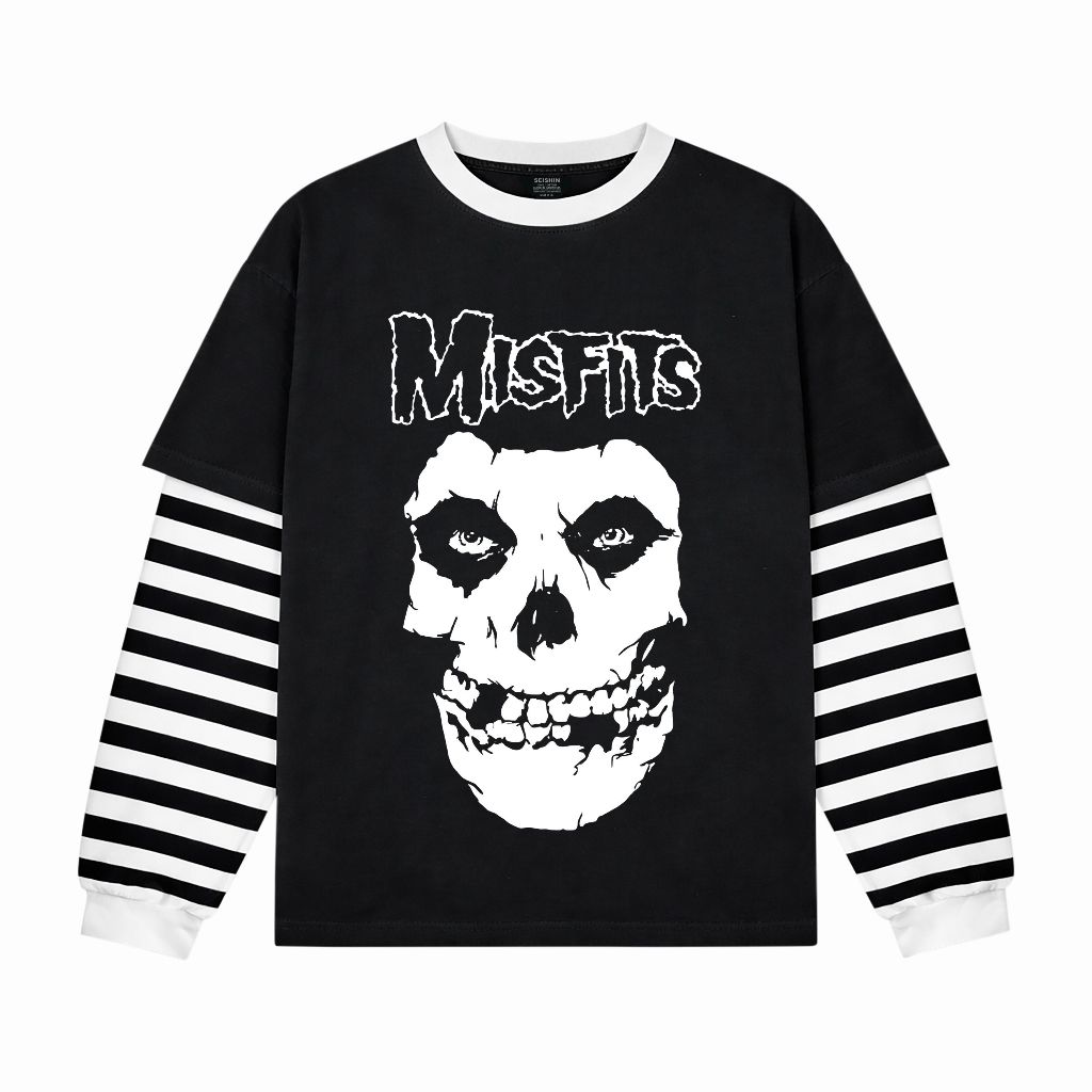 Seishin T-shirt Double layer Rib Salur Misfits skull long sleeve kaos musik unisex