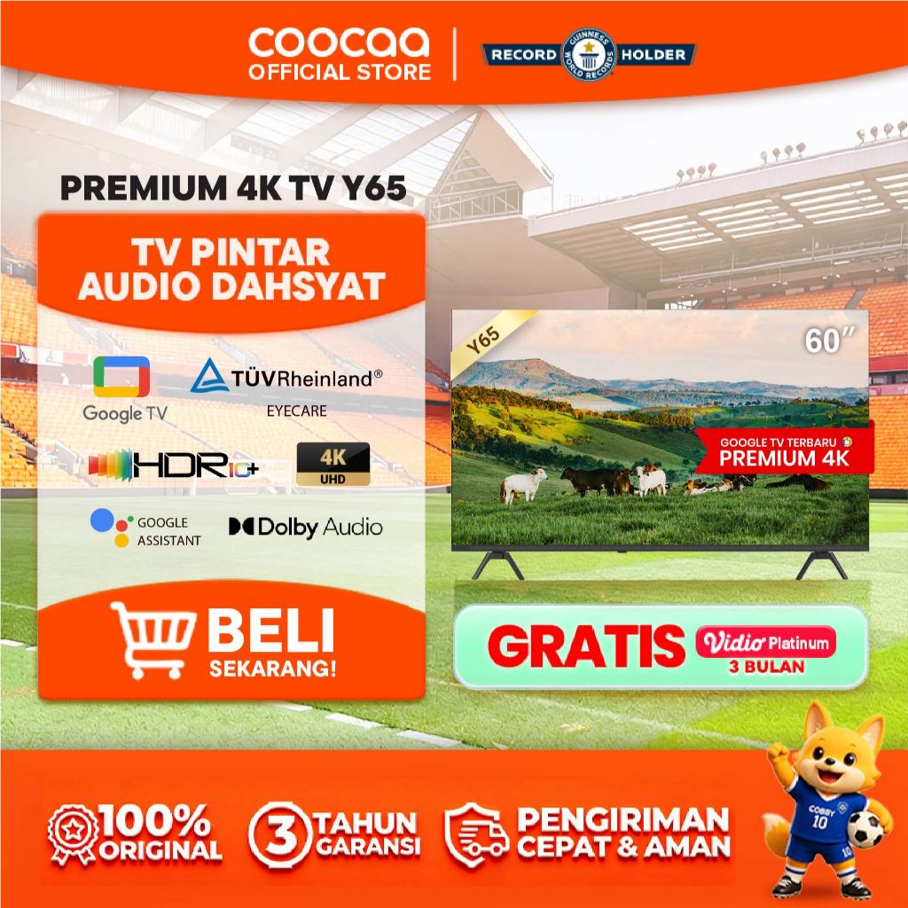 NEW COOCAA TV 60 inch Y65 - 4K GOOGLE TV  - Dolby Audio - Eye Care - HDR10 - Find Remote - (COOCAA 6