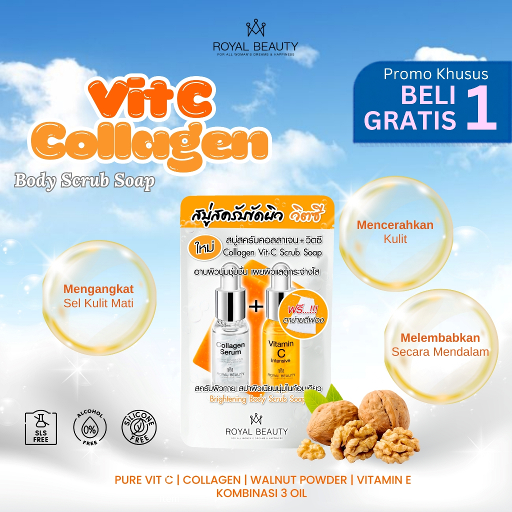 BELI 1 GRATIS 1  ROYAL BEAUTY Collagen Vit - C Scrub Soap 100g