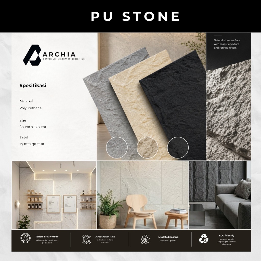 Wall Panel PU Stone Motif Batu Alam Ringan Anti Lembap Interior Modern | PU Wall Panel Batu Alam Sin