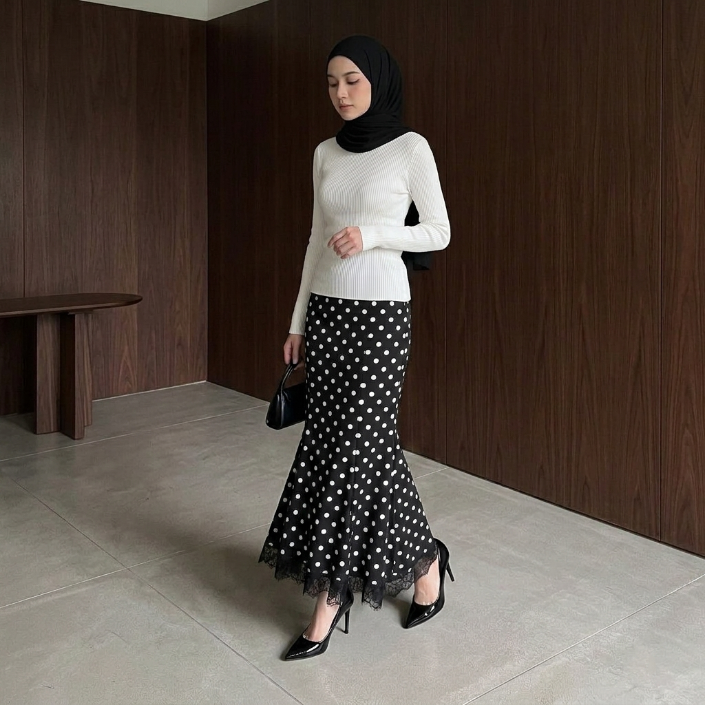 VICTORIAN POLKA LACE FLARE Rok Renda Span Duyung Motif Polkadot Renda Premium - Rok Wanita Formal El