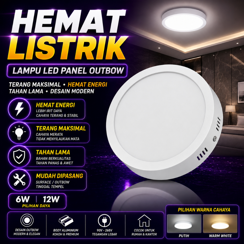 Lampu Downlight LED Panel Bulat Outbow 6W 12W Plafon LED Surface Hemat Energi Lampu Panel Rumah
