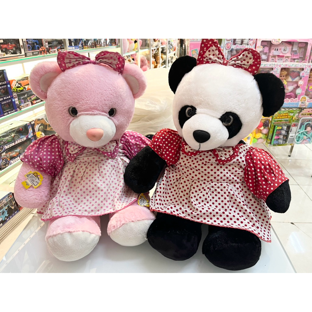 Boneka beruang bear pink Panda Dara pakai baju merah polkadot pita With Dress lucu panda hitam putih