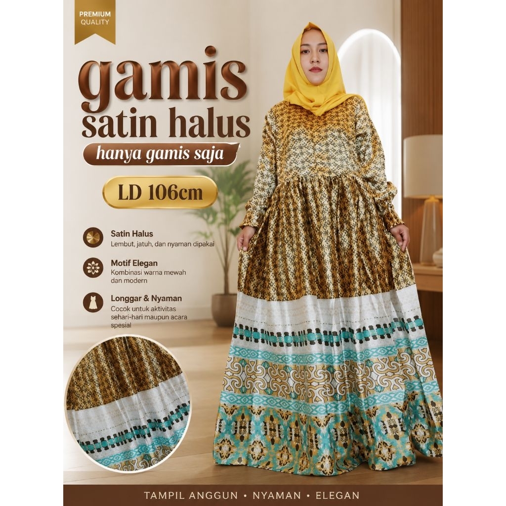 Gamis Terbaru Rosari Satin Motif Totol Kombinasi Baju Muslimah Lengan LD 106 Cm Bahan Jatuh Halus Be