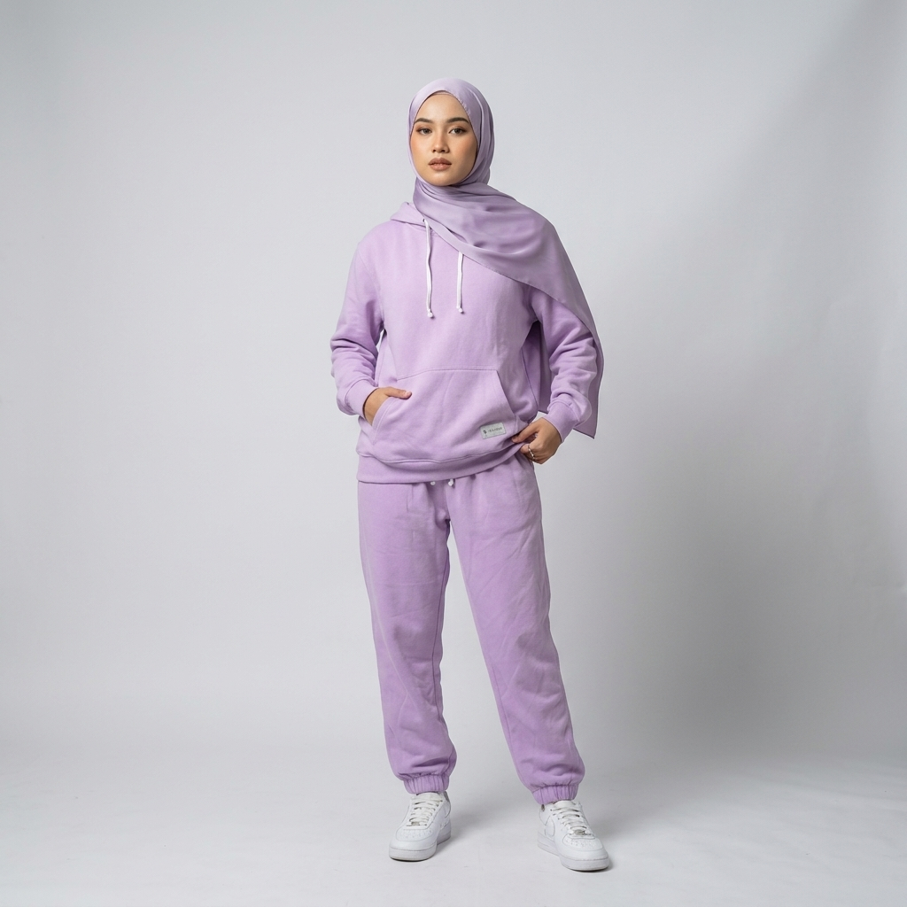 Hoodie Addict - Satu Set Setelan Pullover Hoodie Jogger Pria Wanita Warna Lilac