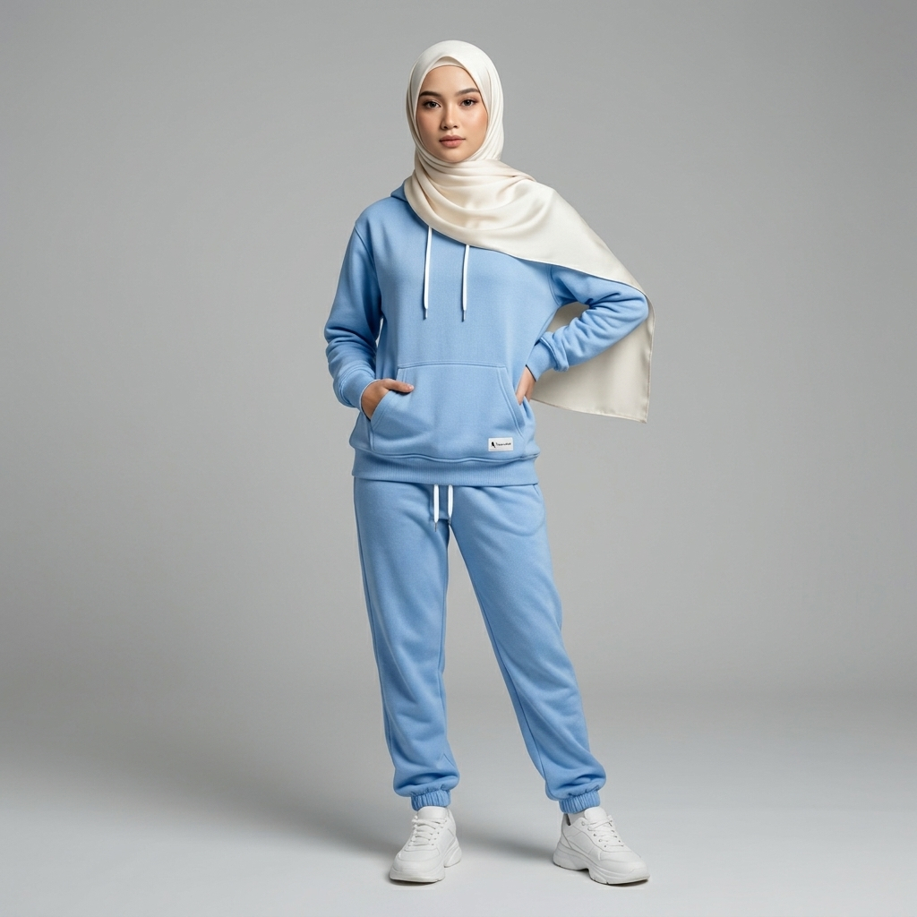 Hoodie Addict - Satu Set Setelan Pullover Hoodie Jogger Pria Wanita Warna Baby Blue
