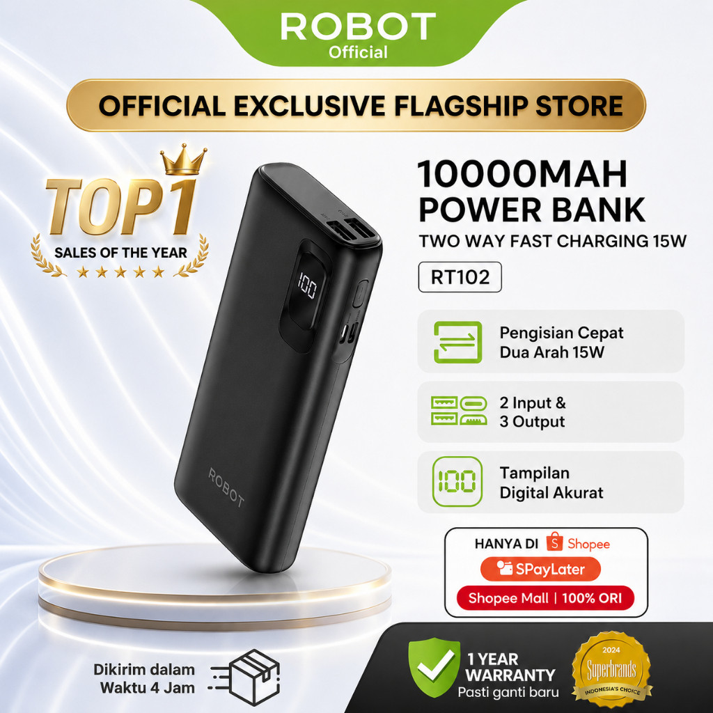 ROBOT Powerbank Fast Charging 10000mAh 15W with LED Display Type Input 3 Output Power bank RT102 Original - Garansi 1 Tahun
