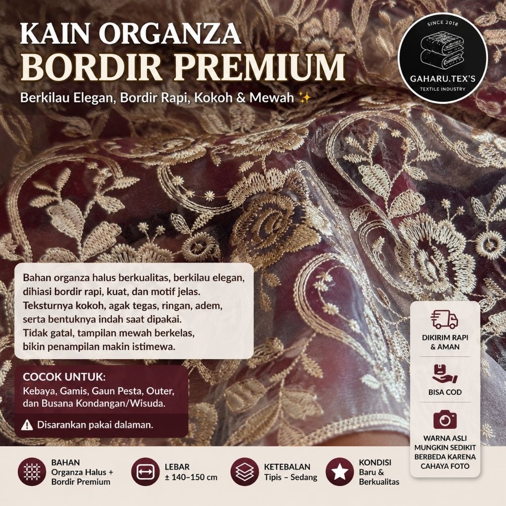 bahan organza bordir premium - bahan organza bordir timbul - bahan organza bordir meteran