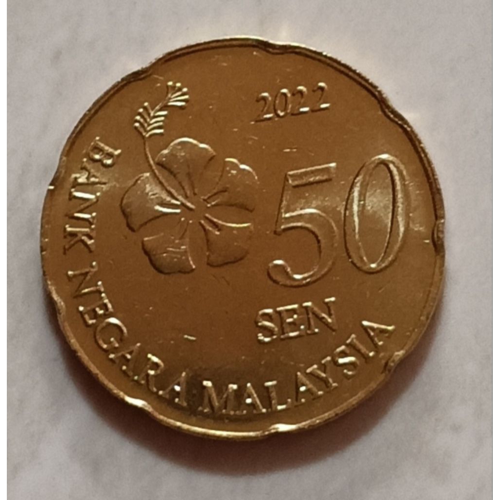 koin Malaysia 50 sen (kuning) tahun 2022..