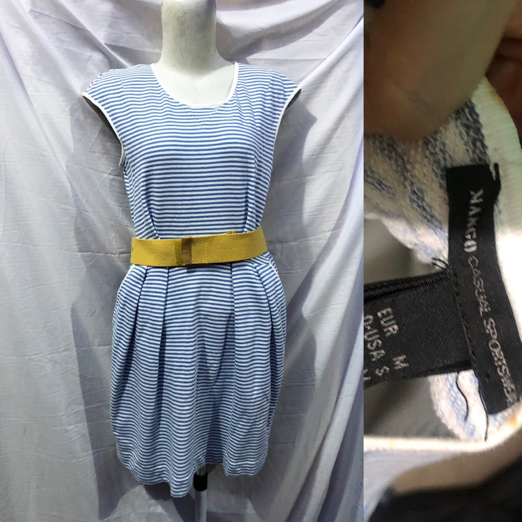 Mango stripe dress biru putih with belt mididress garis garis