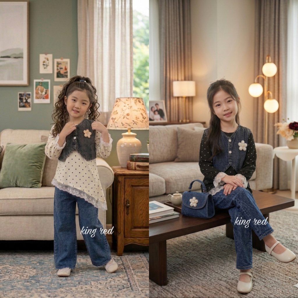 SETCEL POLKADOT ROMPI JEANS BUNGA ANAK PEREMPUAN USIA 3 - 12 TAHUN / STELAN DENIM 3IN1 CELANA KULOT 