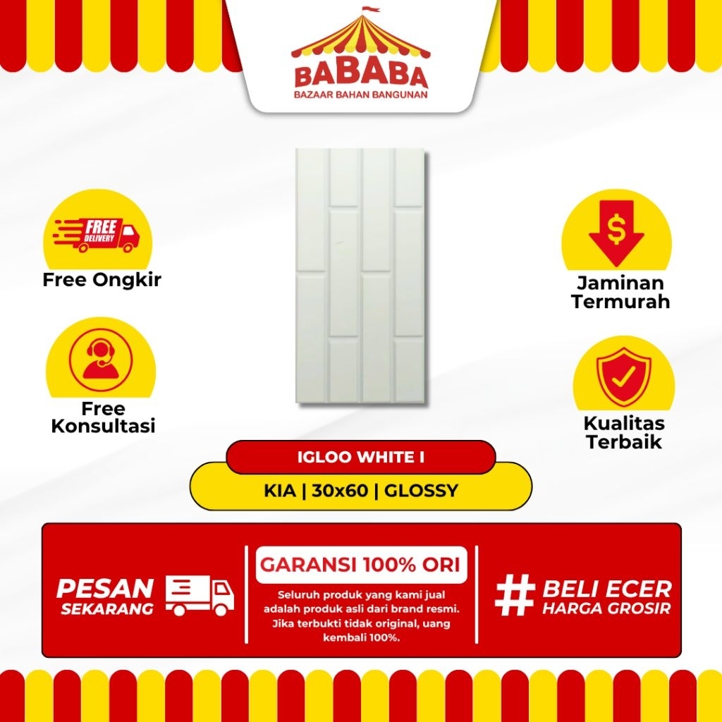 Keramik Dinding Ukuran 30x60 KIA Igloo White I Glossy Kilap Rata Motif Batu Bata Cutting Keramik Din