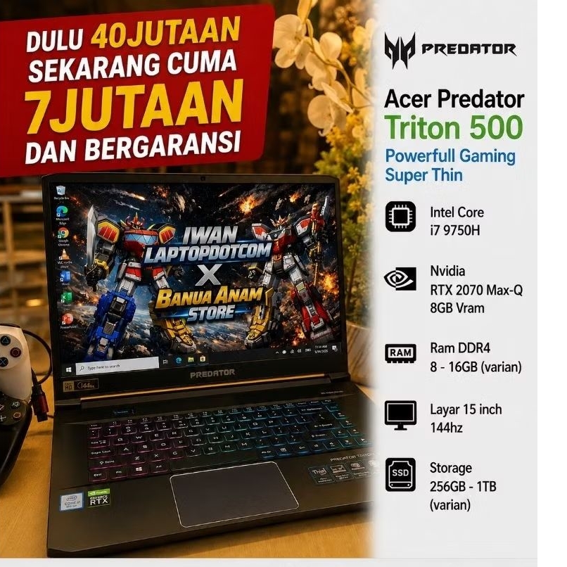 LAPTOP GAMING SULTAN ACER PREDATOR TRITON 500 RTX 2070 I7 GEN 9 16GB/1TB COCOK UNTUK KERJA, KULIAH, 