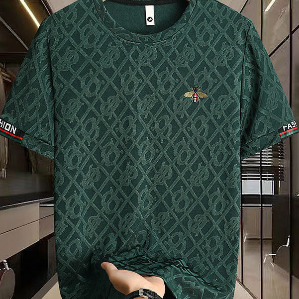 Ice Silk Short Sleeve Men's JacquardTShirt Thin round Neck Half Sleeve Top
