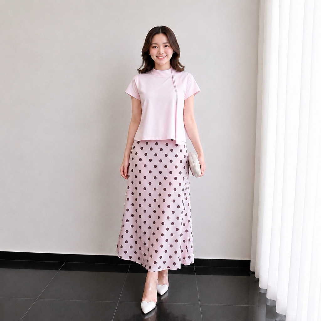 Easy - Polkadot Skrit Bahan Slik - Rok Panjang Bawahan Wanita - Rok Polkadot