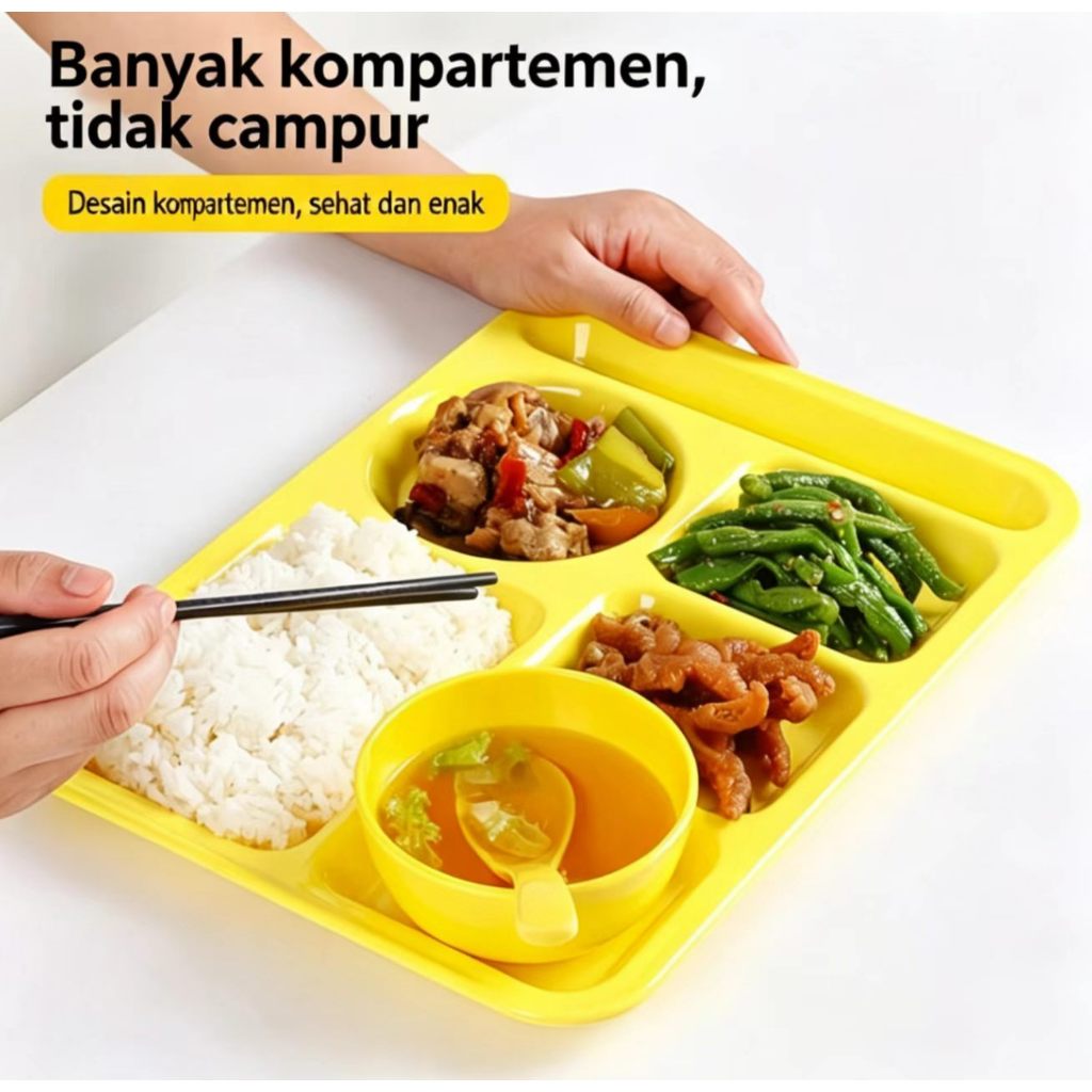 Piring Makan Sekat Melamin 6 Ruang, Desain Persegi Panjang Anti Pecah, Anti Campur Rasa, Aman BPA Fr