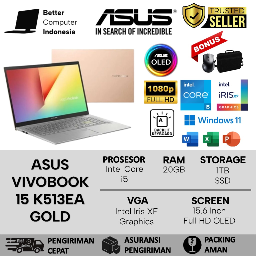 Laptop OLED Asus Vivobook 15 K513EA Intel Core i5 Ram 20GB SSD 1TB Full HD Windows 11 Hearty Gold