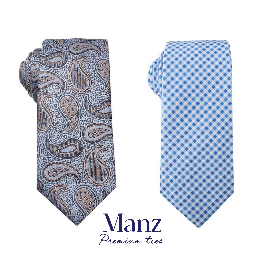Manz Collection Dasi Panjang Pria Biru Muda Bermotif Batik Premium
