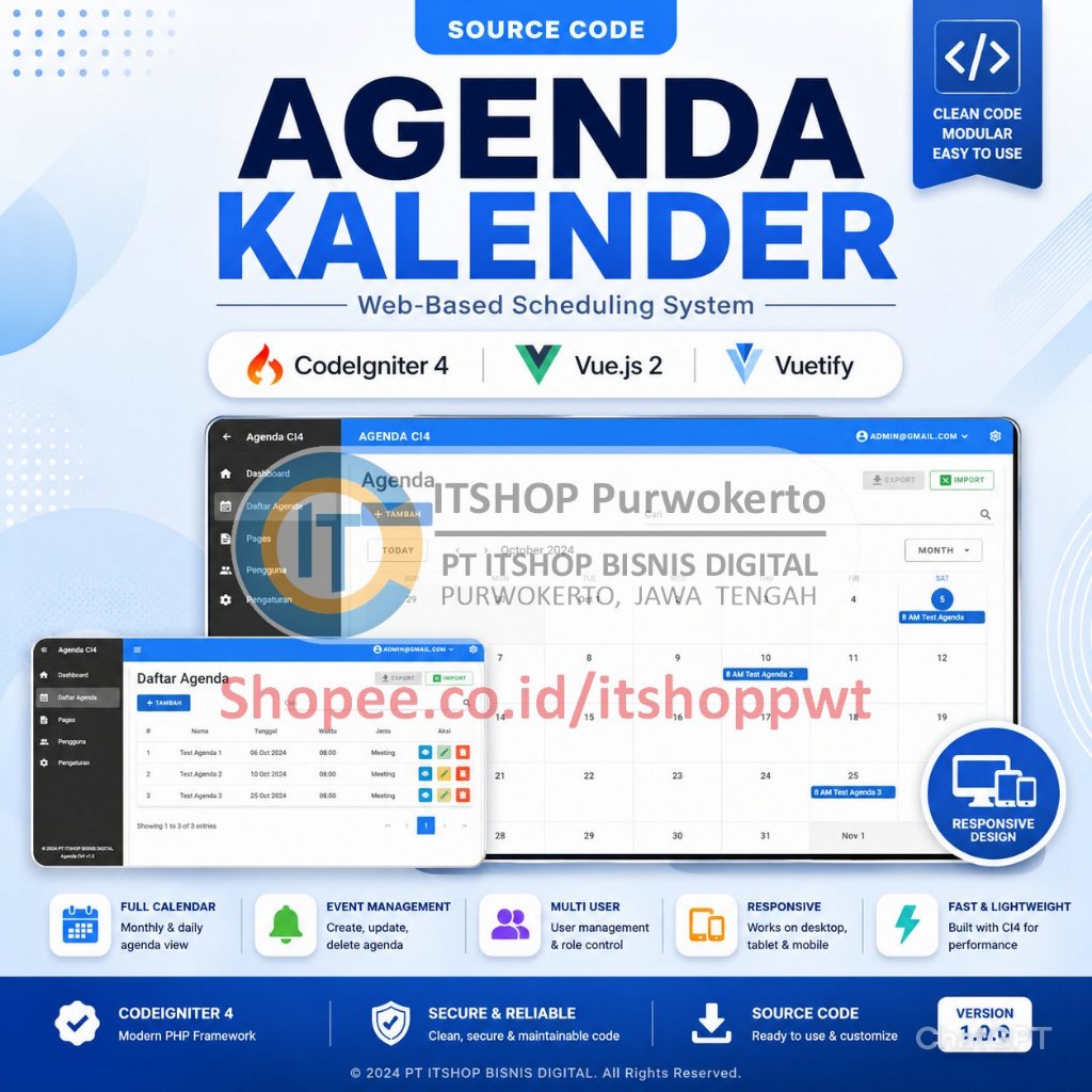 Source Code Aplikasi Web Agenda Kalender menggunakan Codeigniter 4 CI4 MySQL Vue.js
