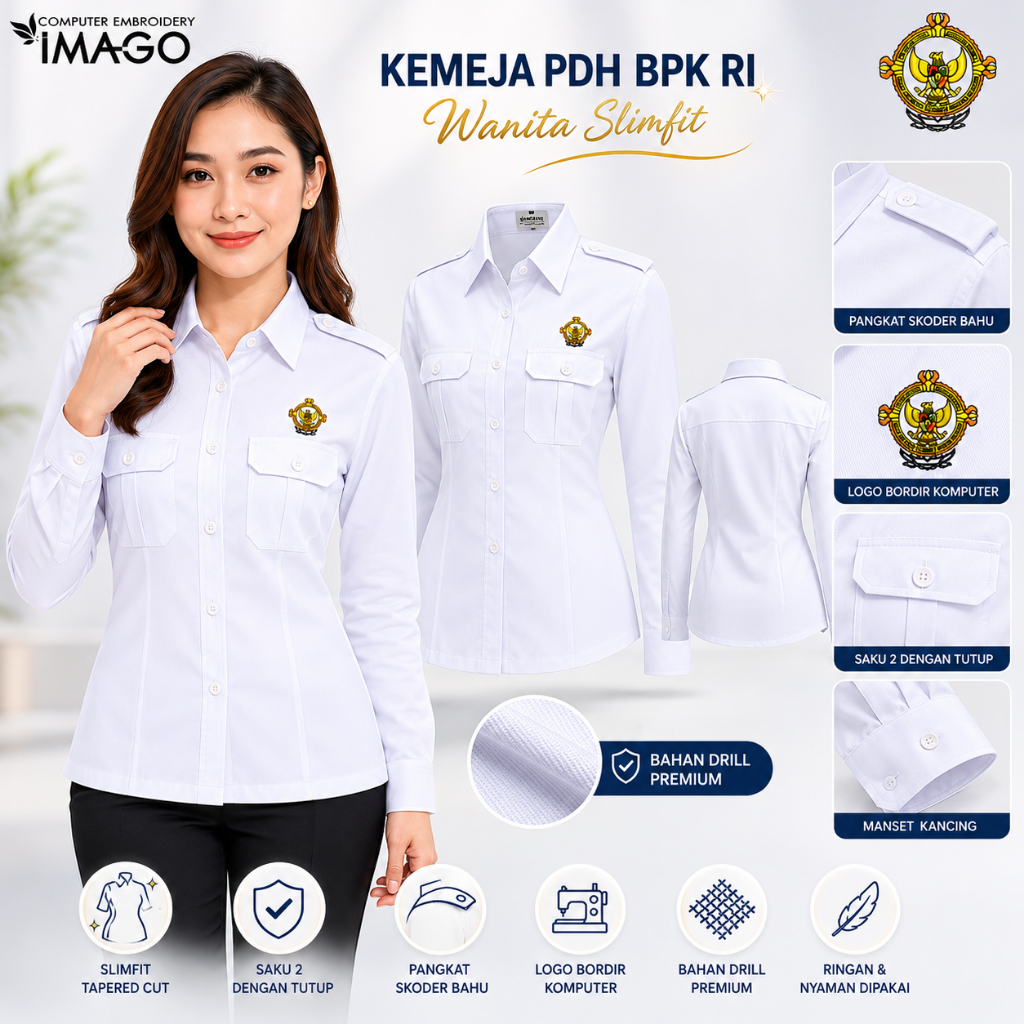 Kemeja PDH BPK RI Wanita Putih Slimfit Bordir Komputer Lengan Panjang