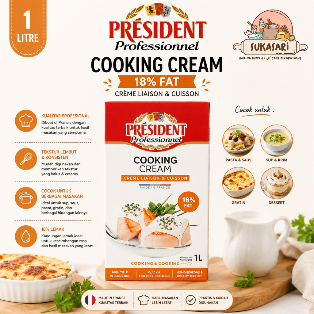 President Cooking Cream & Thickening 18% Fat 1 LTR / Professional Cooking Cream