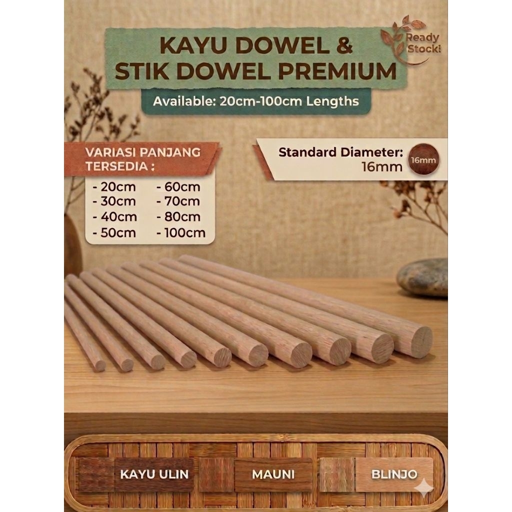 kayu dowel, stik dowel, kayu bulat 16mm