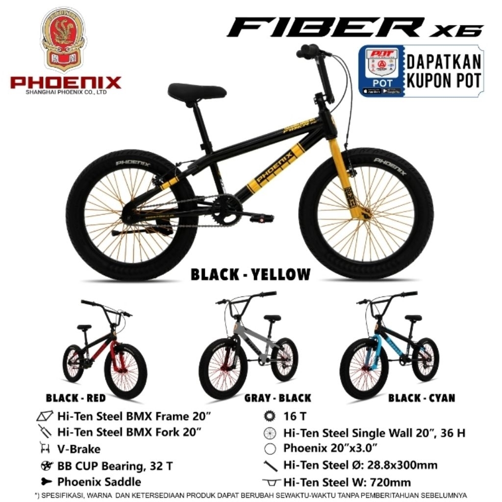 SEPEDA BMX 20 INCH PHOENIX FIBER X5 X6 20" X 6 X 5 TERBARU X 3 (BAN JUMBO 3.0) ASLI ORIGINAL MURAH R