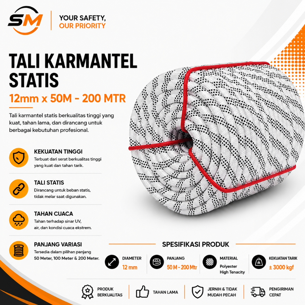 Tali KARMANTEL Statis 12mm x 50m -200 Mtr / Tali KARMANTEL 12mm