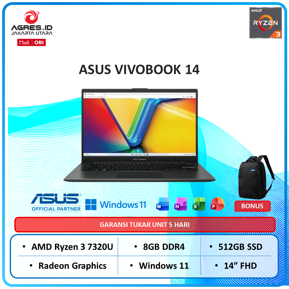 LAPTOP ASUS VIVOBOOK GO 14 E1404FA RYZEN 3 7320 8GB 512GB W11+OHS 14.0FHD BLK -FHD351