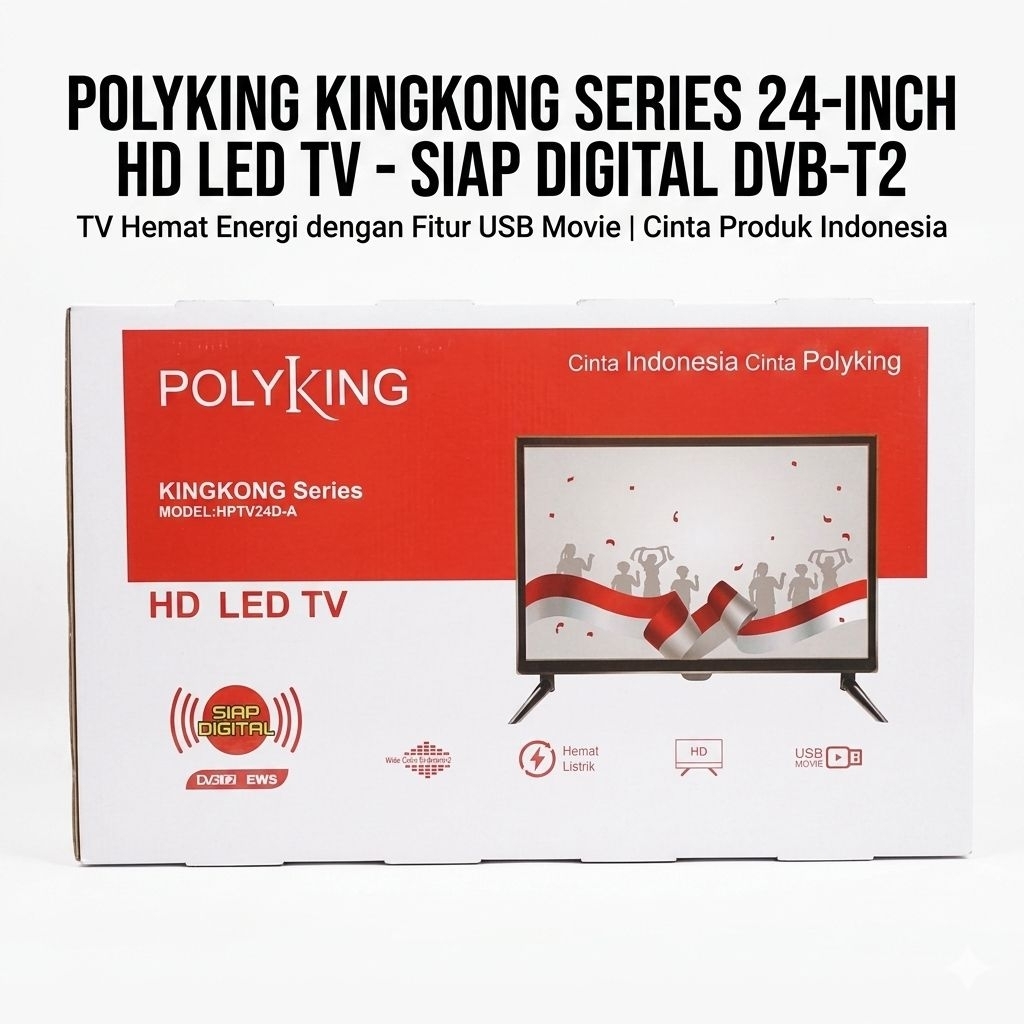 TV LED 24 Inch Polyking Kingkong Series HPTV24D-A HD TV Siap Digital DVB-T2