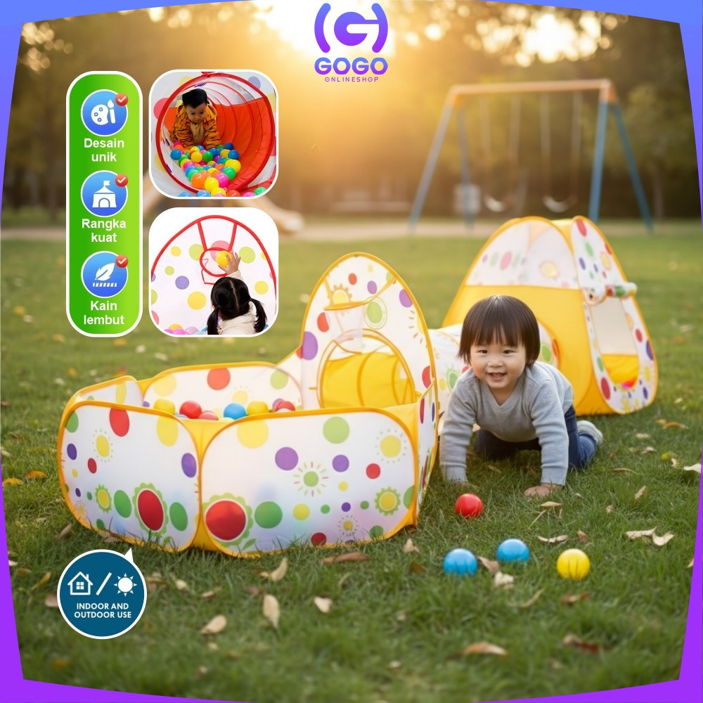 GOGO-M6 Mainan Tenda Anak Terowongan 4 in 1 + Kolam + Ring Basket Mainan Keranjang Mandi Bola Anak