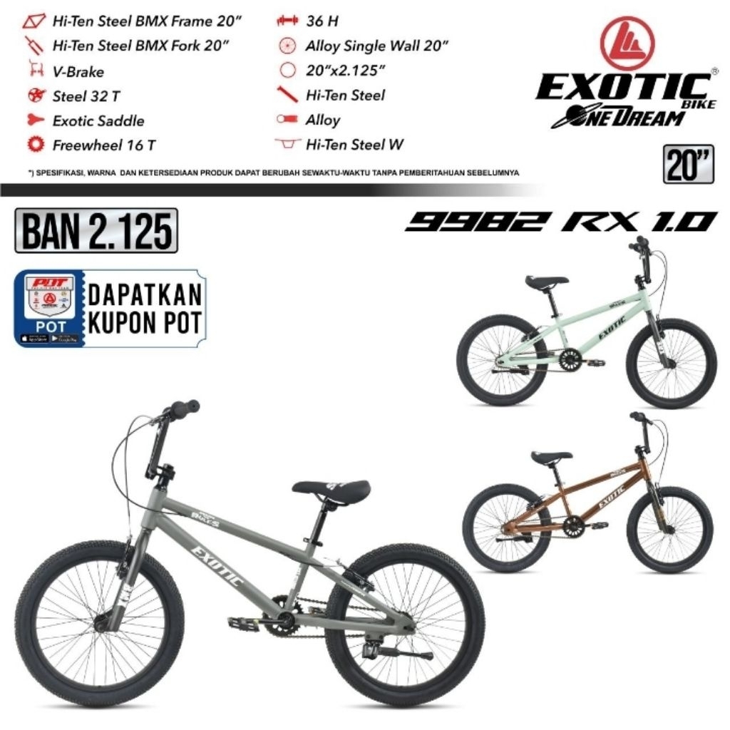 SEPEDA BMX 20 INCH EXOTIC 9982 RX 1.0 / 9982 TX 1.0 ROTOR / TIDAK ROTOR BARU MODEL WARNA TERBARU 202