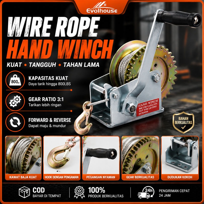 800LB Hand Winch 7M 10M/Wire Rope Hand Winch Kualitas Tinggi Hand WinchHand Winch/Boat Winch/Katrol 