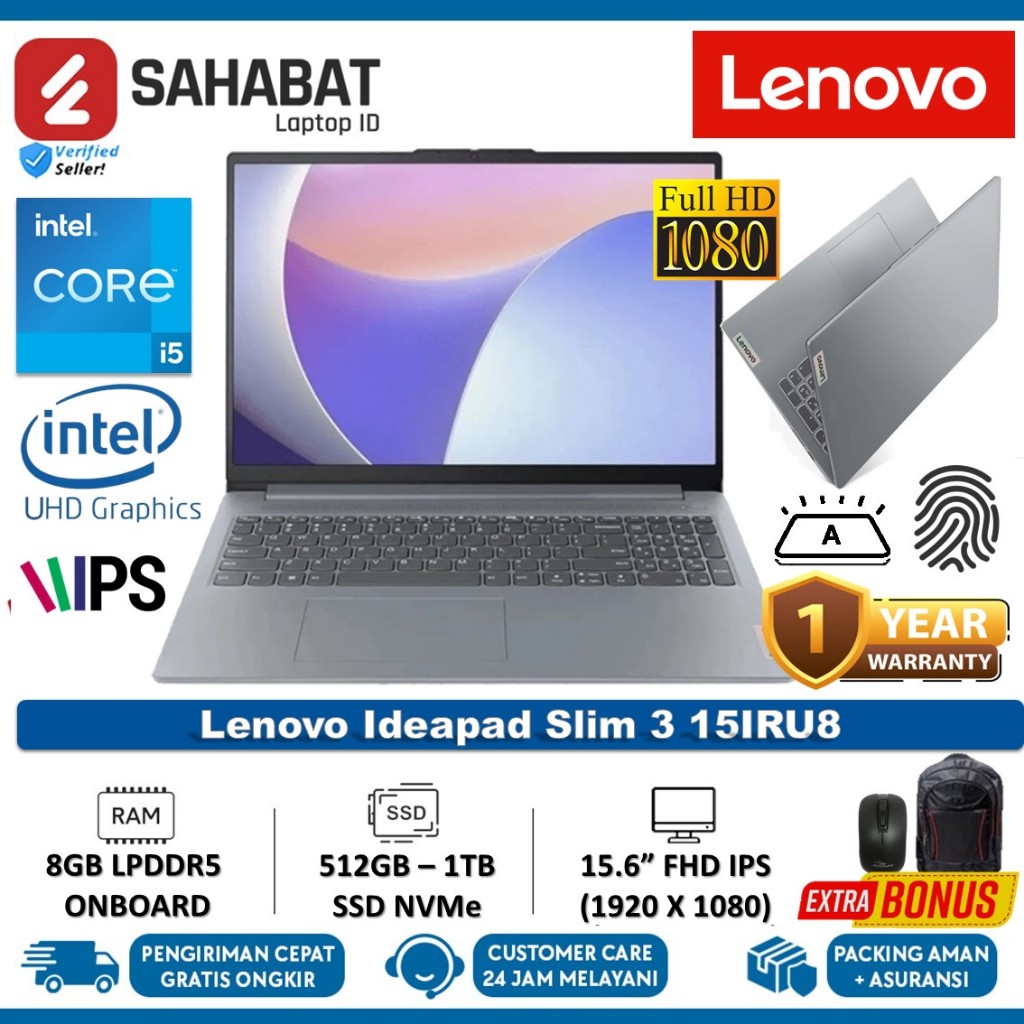 NEW Laptop Lenovo Ideapad Slim 3i 15 Intel Core i5 1334U 16GB 1TB SSD FHD Win 11 Baru