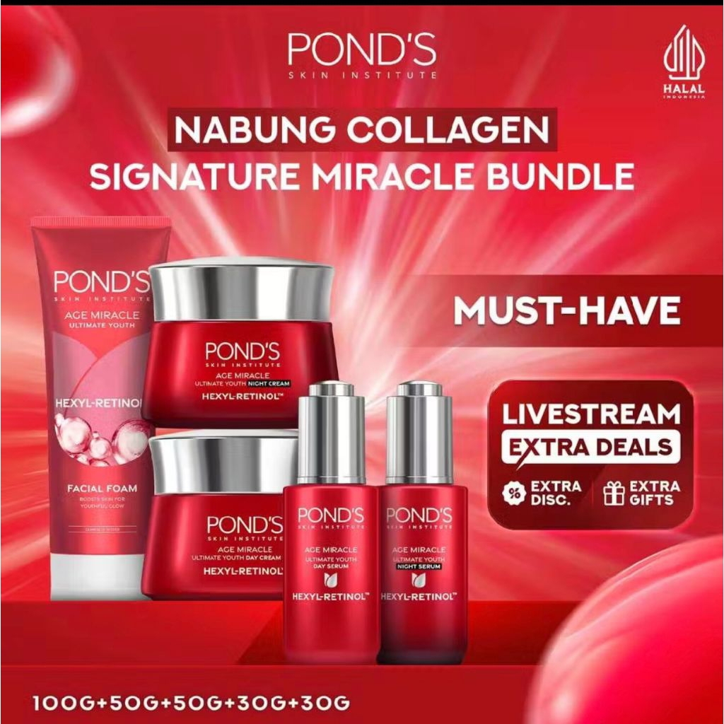 PAKET LENGKAP PONDS AGE MIRACLE DAY CREAM 50 GR+ NIGHT CREAM 50 GR + FACIAL FOAM 100 ML + ULTIMATE D