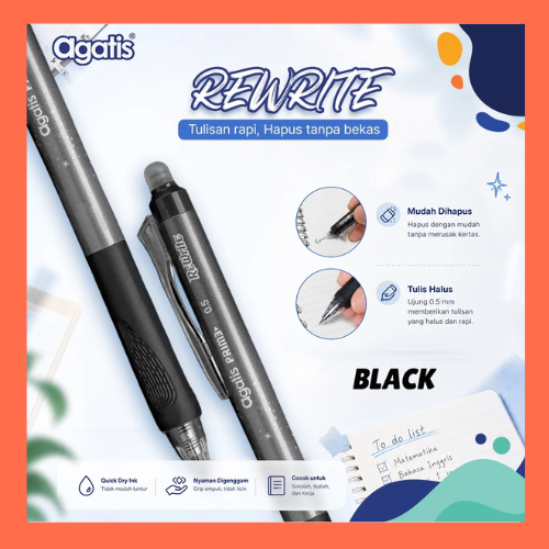 Pena Erasable rewrite Agatis hitam/biru 0.5  pena bisa dihapus (pcs)