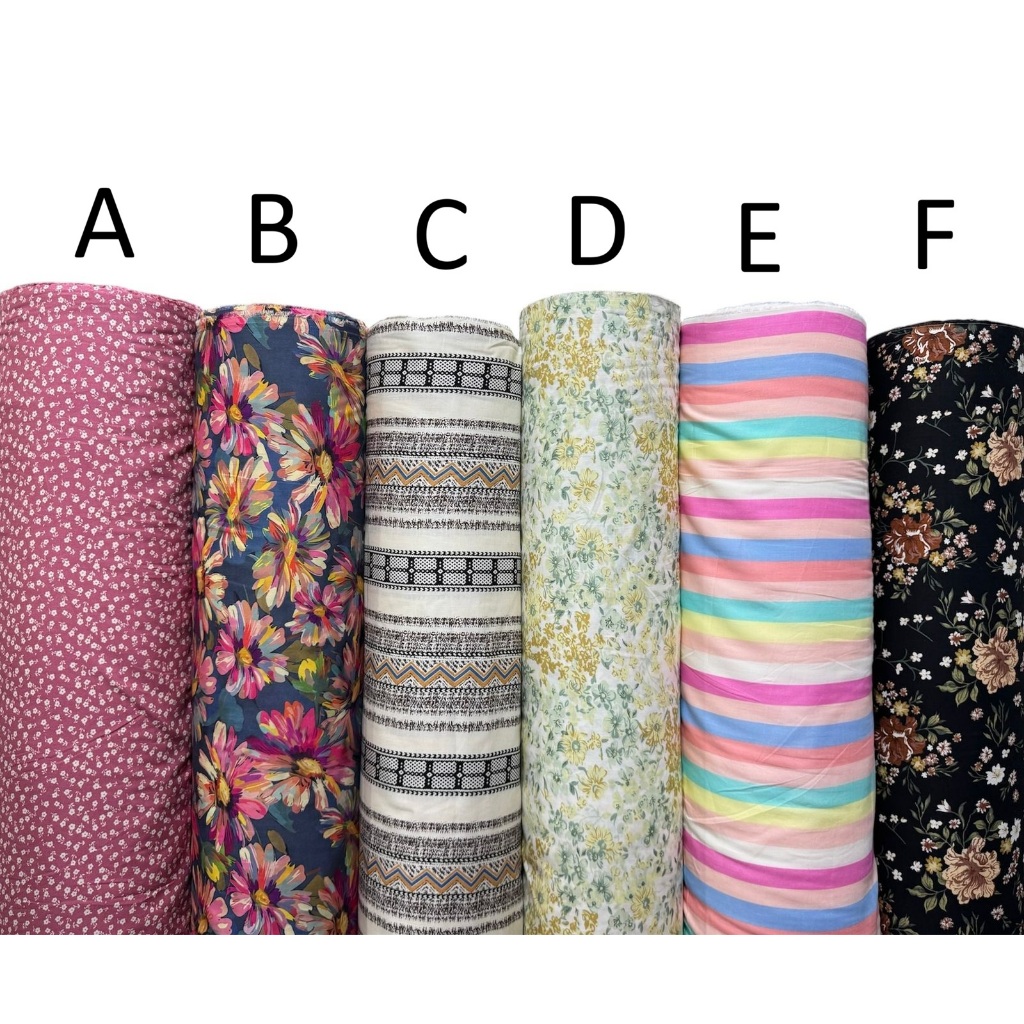Bahan kain katun rayon viscose premium motif bunga hitam kembang besar salur pelangi terbaru best se