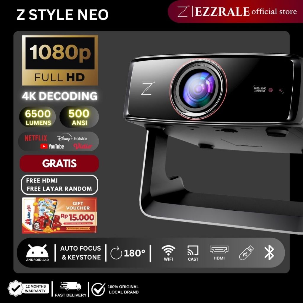 EZZRALE Smart Proyektor LCD Android Z-STYLE NEO Full HD 1080P 500 ANSI Android 12 Projector  4k Ultr