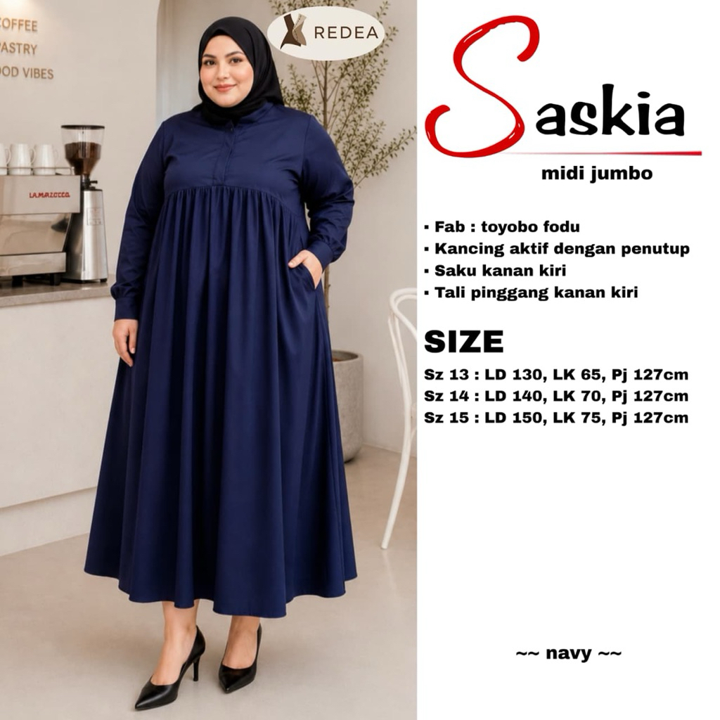Dress Wanita Saskia Jumbo Midi Bahan Katun Toyobo Fodu Motif Polos Busui Friendly LD130 140 150