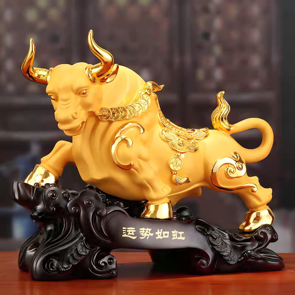 31cm Patung Emas Shio Kerbau Emas Yuanbao Fengshui / Pajangan Shio Kerbau Kayu / Dekorasi Rumah Bant
