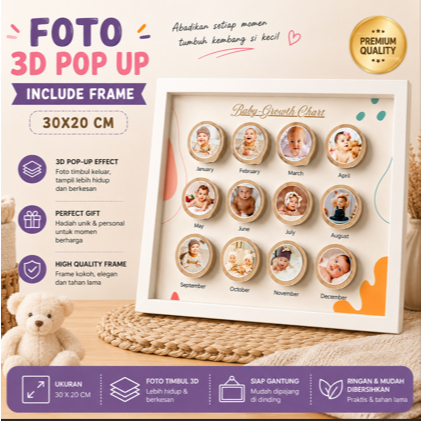 Foto 3D Pop Up Frame Baby Growth Chart 12 Bulan Include Frame 30x20 cm Kado Bayi Custom Foto